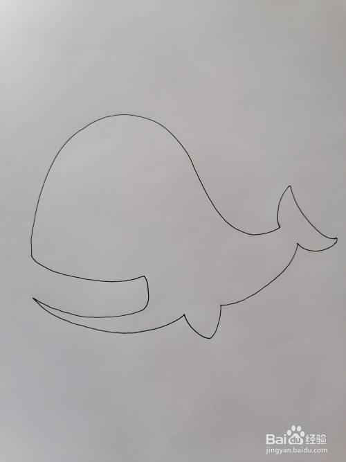 笔在纸上画出鲸鱼有点圆的脑袋和微笑的嘴巴,把有点翘的月亮尾巴画