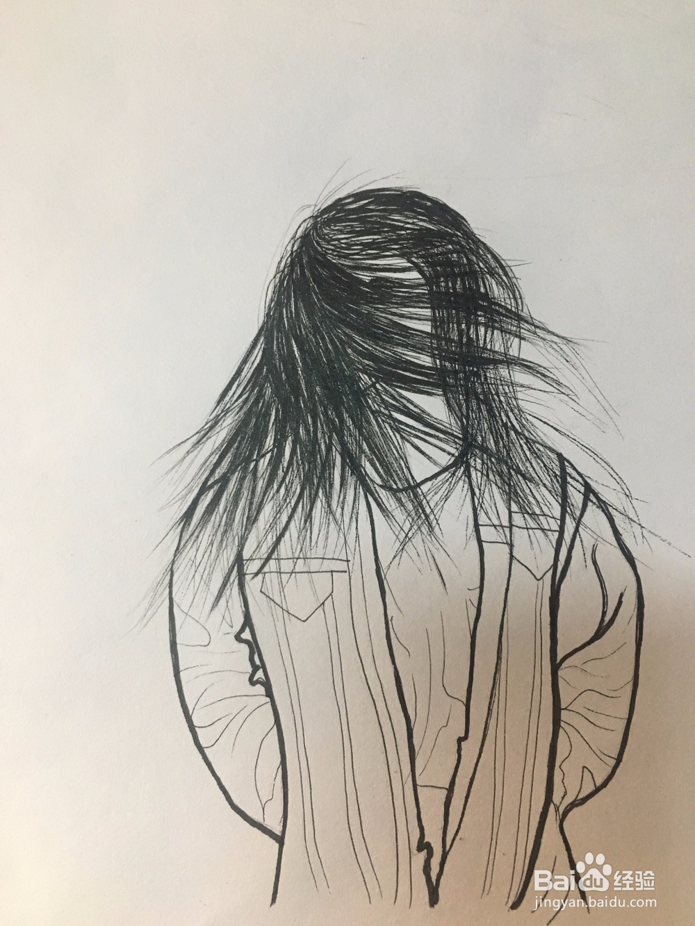 冬季画一个风中长发凌乱的样子 女子简笔线描画