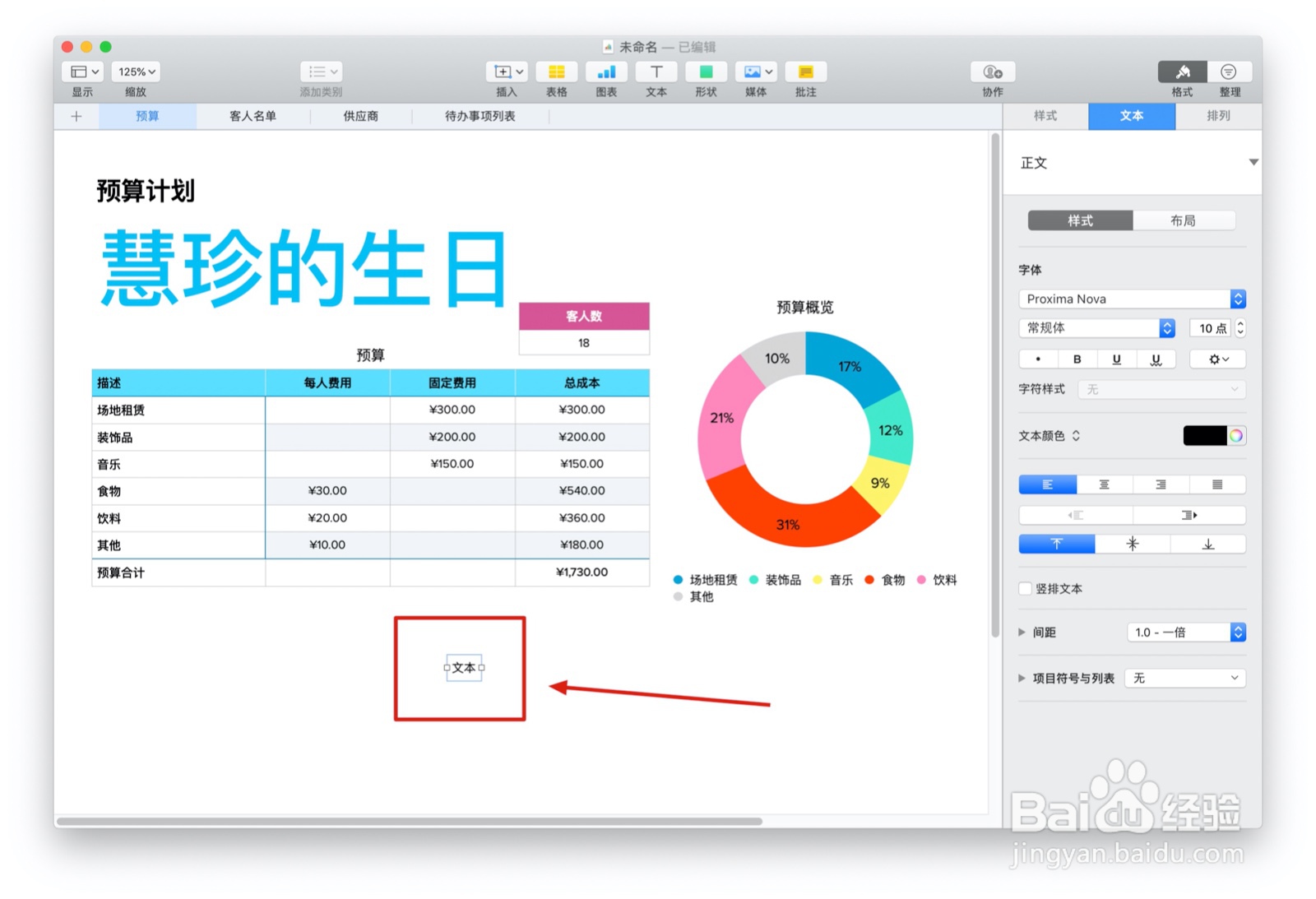 Numbers表格“聚会计划”模板中如何插入文本