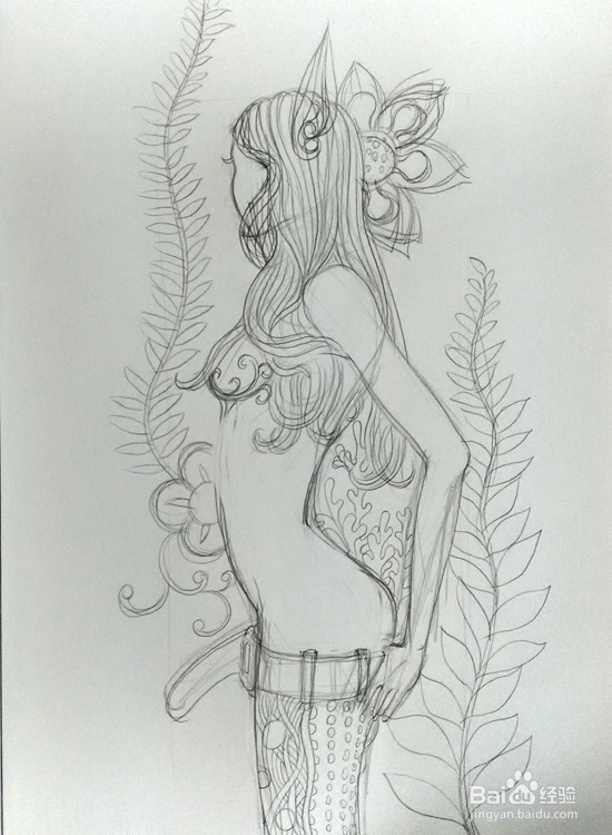 手绘插画-人物黑白装饰画（美少女）