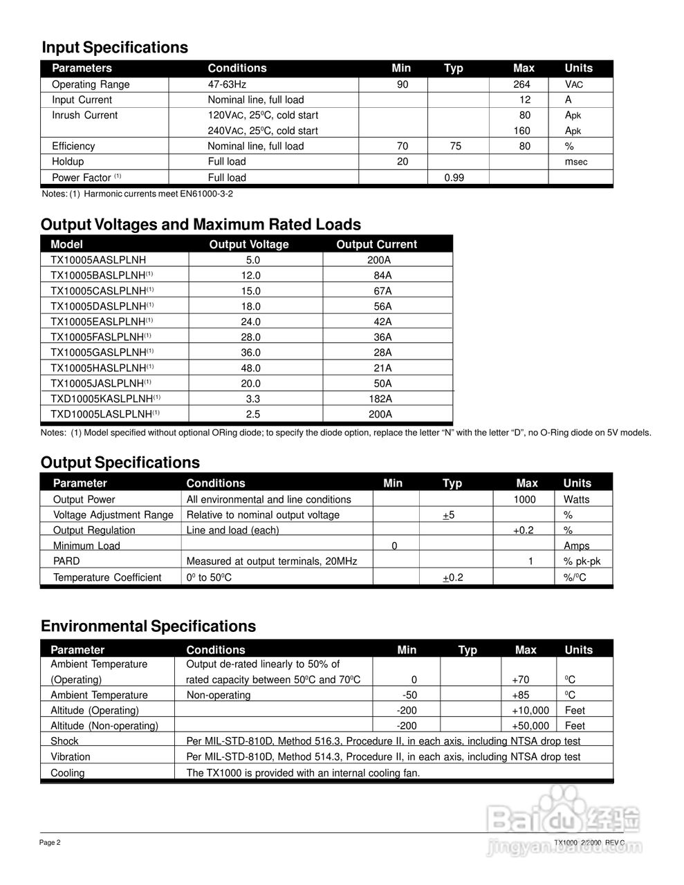 C&D西恩迪TX1000系列模块电源产品说明书