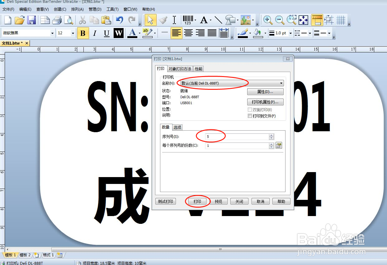 得力条码机打印连续的序列号
