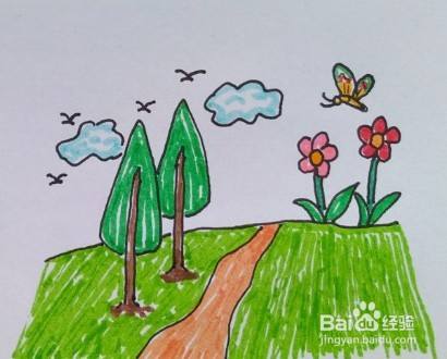 儿童简笔画 如何一步一步画一幅漂亮的风景画 百度经验