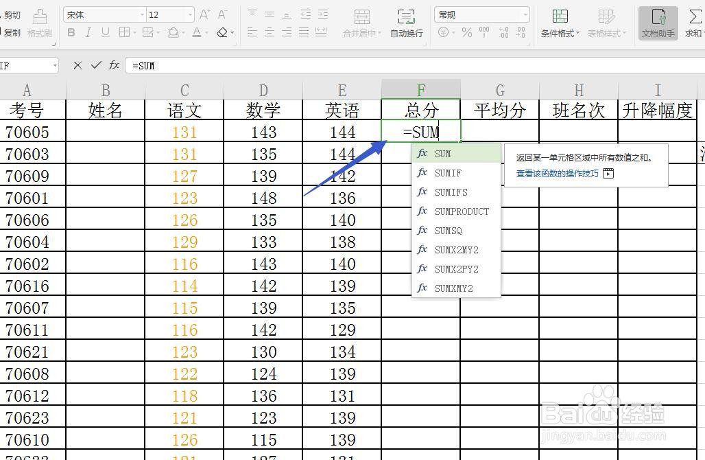 Excel/WPS表格怎么对给出的成绩单求和