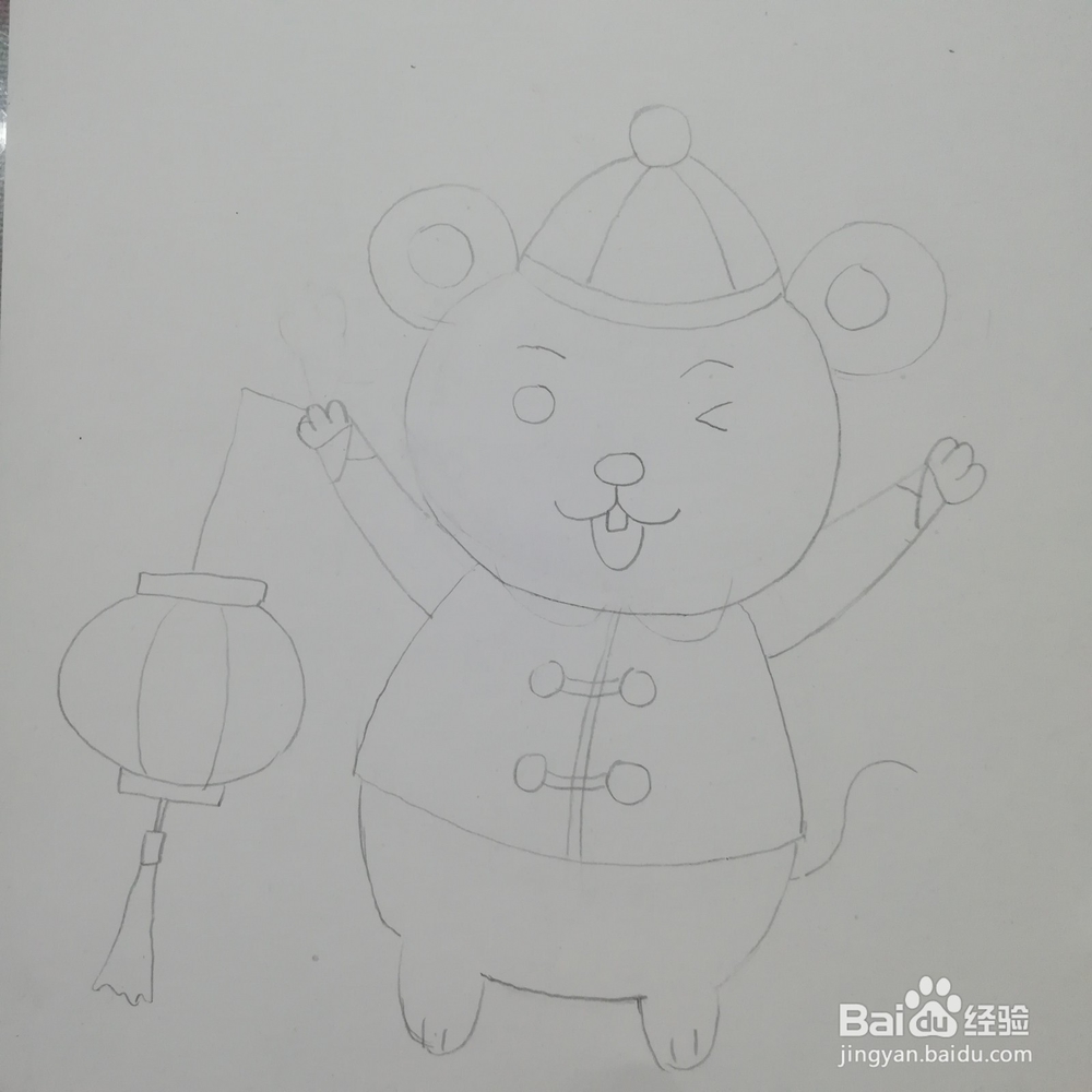 怎么画小老鼠举灯笼的儿童画。