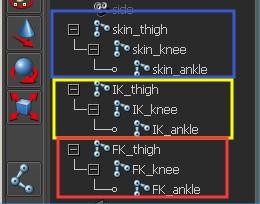 腿部节点绑定：三套骨骼IKFK的切换