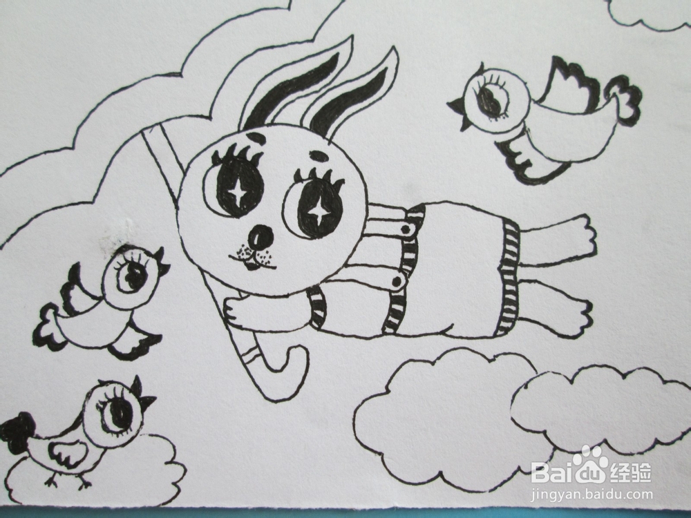 黑白线描画《被大风吹起来的小兔子》作画步骤