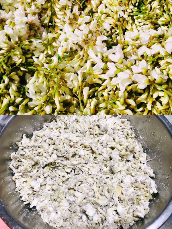 西蓝花豆干炒槐花麦饭