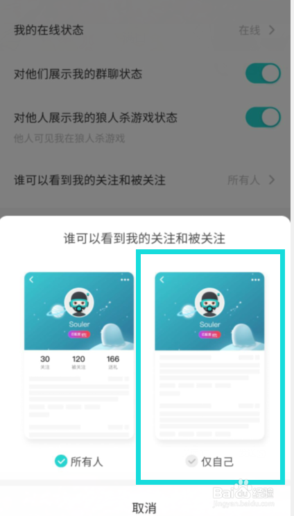 soul中如何设置为仅自己可查看关注的人