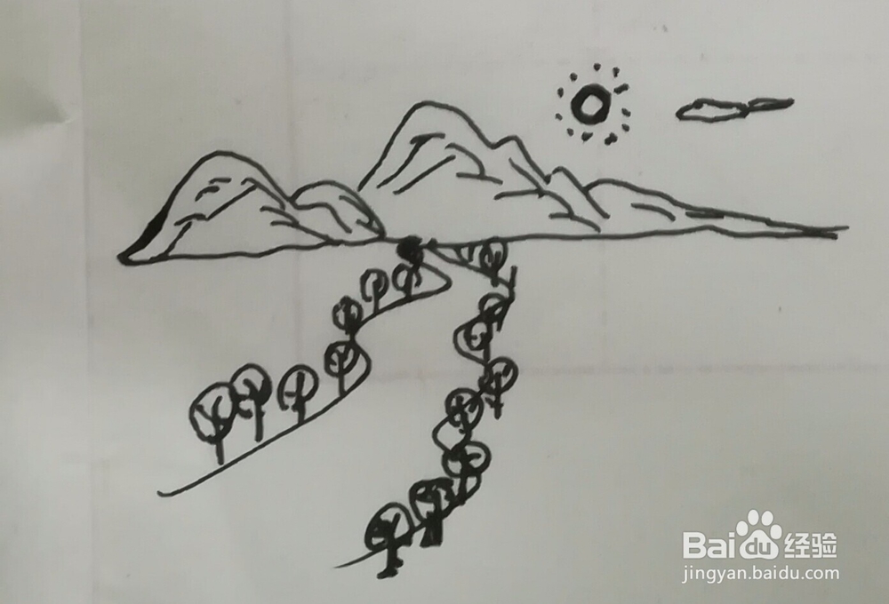 风景简笔画远山、田野组合怎么画