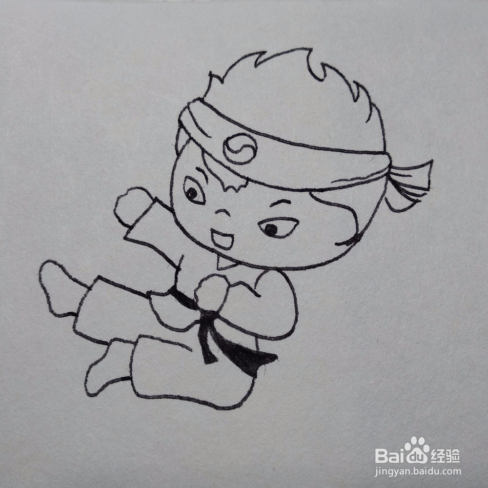 如何画技艺高超练飞腿的跆拳道黑带卡通简笔画