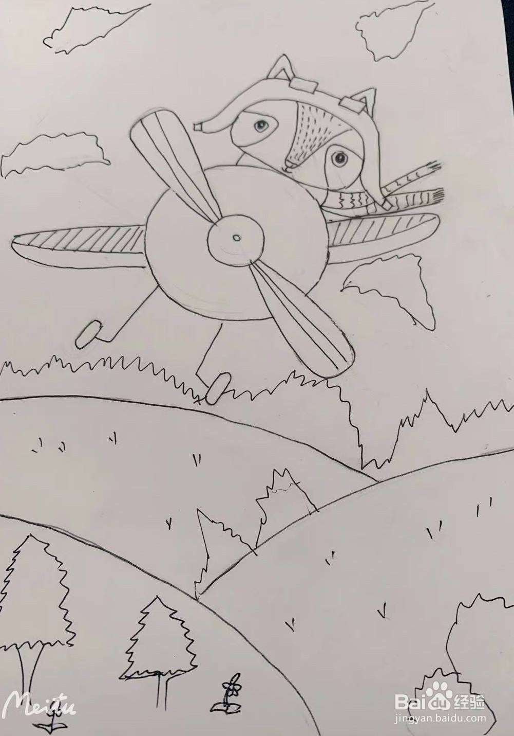 儿童创意画-狐狸开飞机