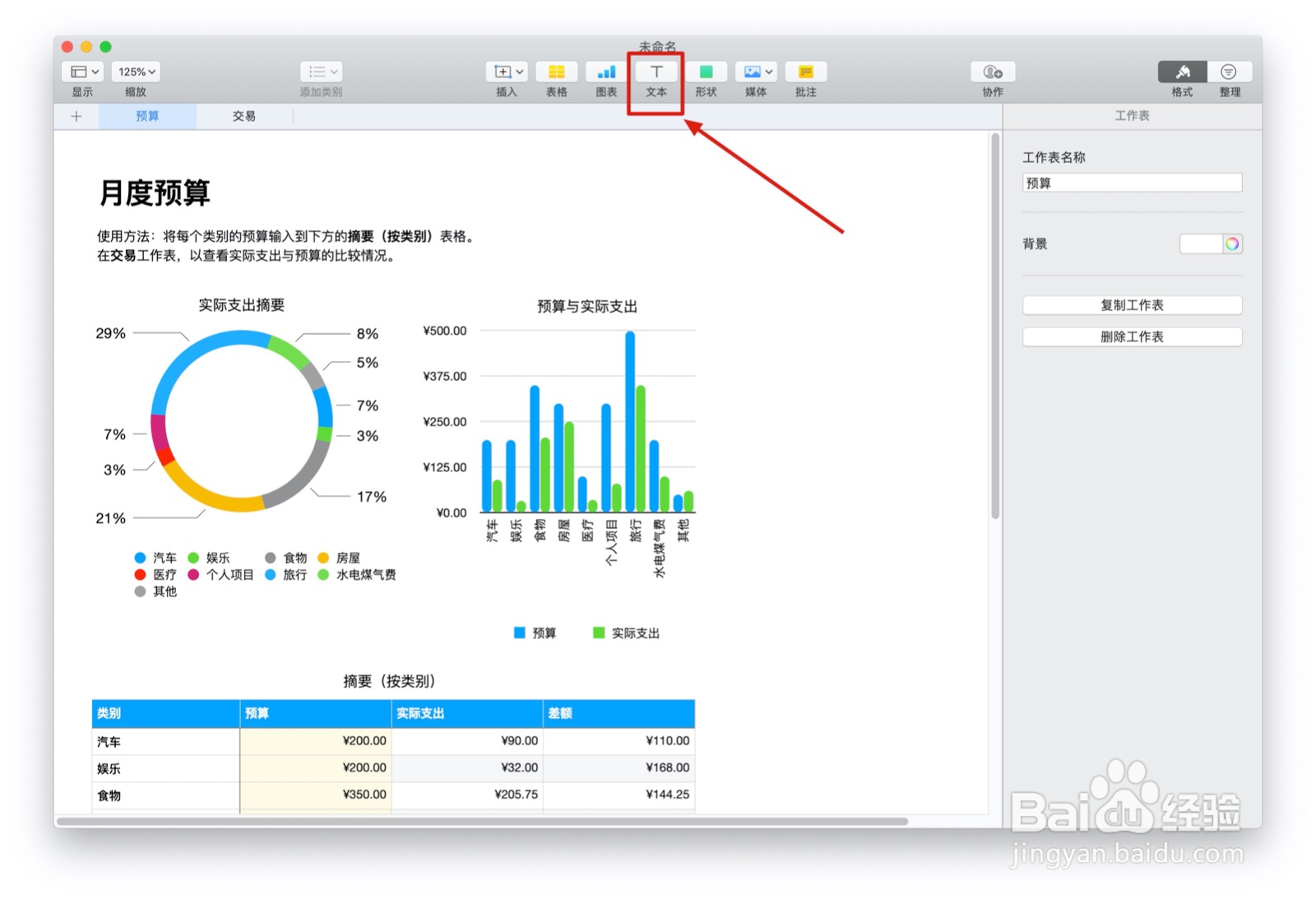 Numbers表格“个人预算”模板中如何插入文本