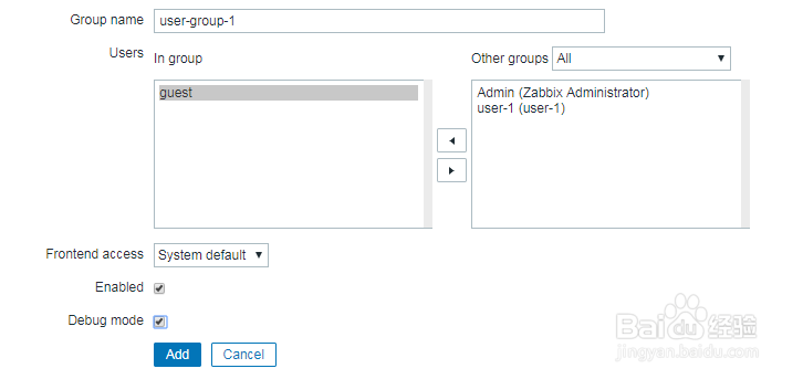 如何在zabbix中增加用户组？
