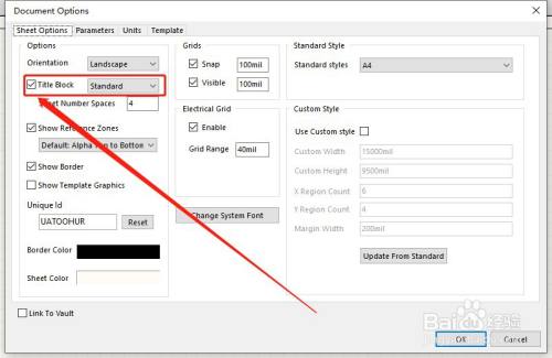 在"document options"界面的title block前面正方形方框的对号勾选