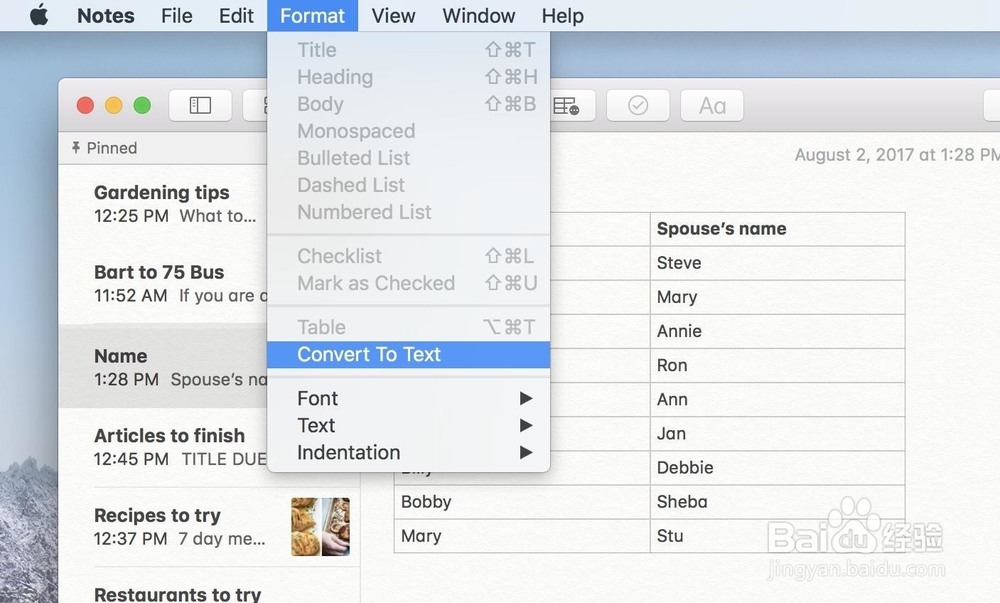 macOS High Sierra中使用Notes中的表