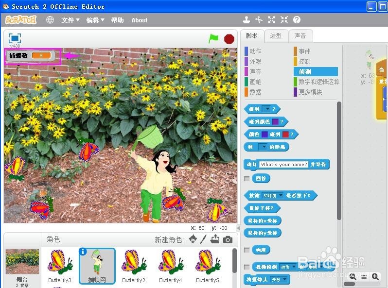 在scratch中怎样编写抓蝴蝶游戏?