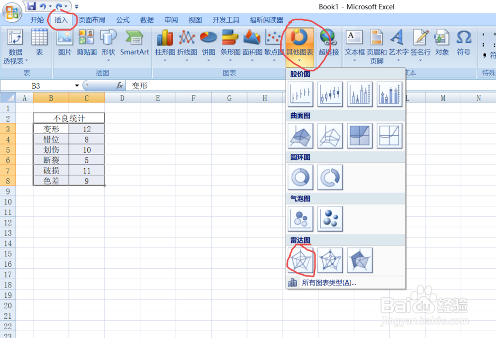 office2007 Excel如何插入雷达图