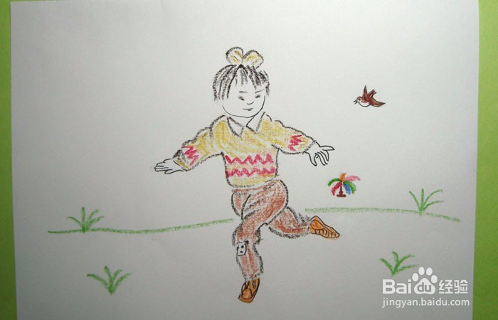 儿童蜡笔画之踢毽子的小女孩