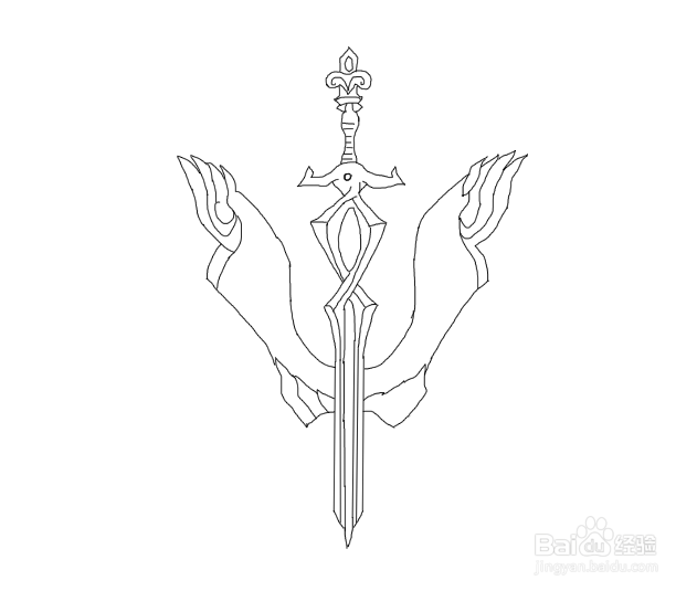 在剑锋的两侧再画出剑的装饰图案,如图所示