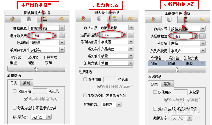 报表工具中如何设置三个图表的联动