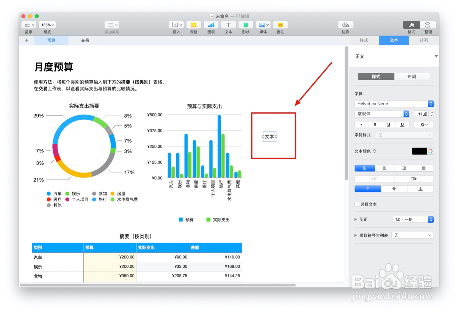 Numbers表格“个人预算”模板中如何插入文本