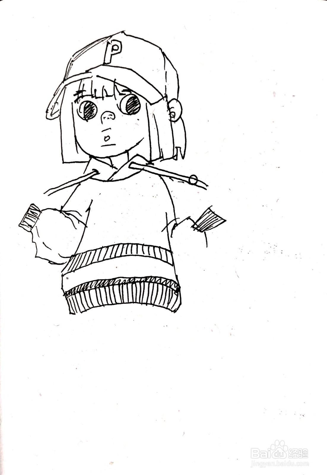 戴着棒球帽的女孩线描画怎么画