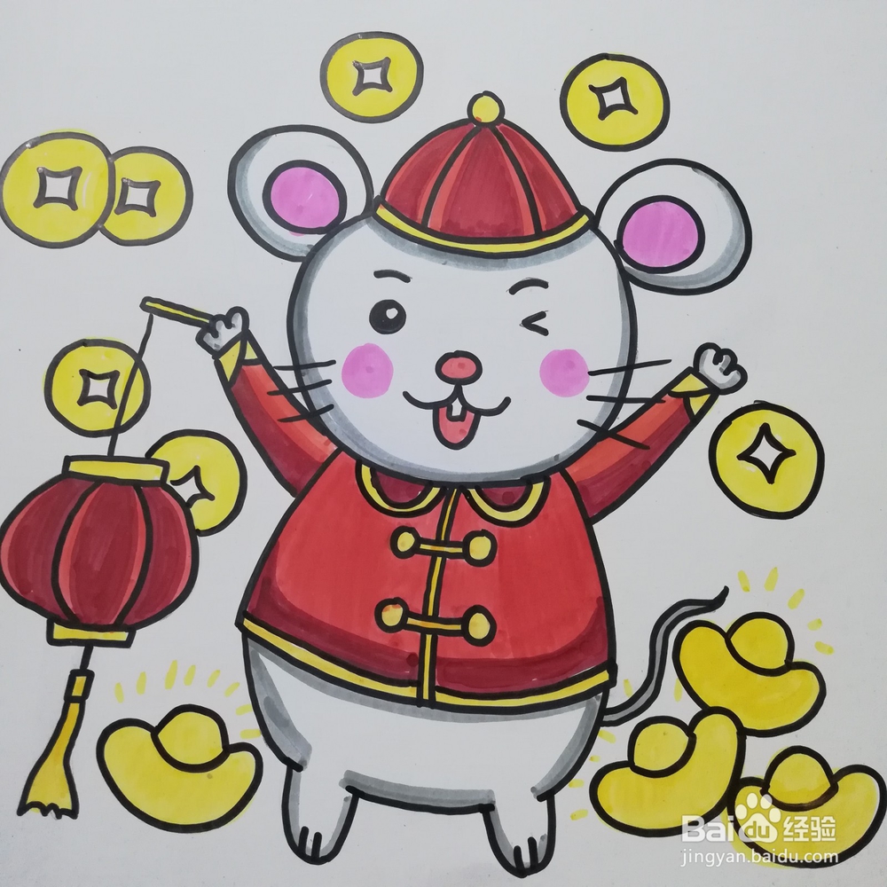 怎么画小老鼠举灯笼的儿童画。