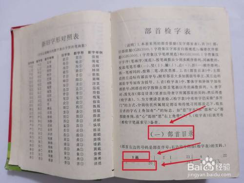 在首页找到1画部首里的"一",在这个部首后面的页码是20,这是要用到的