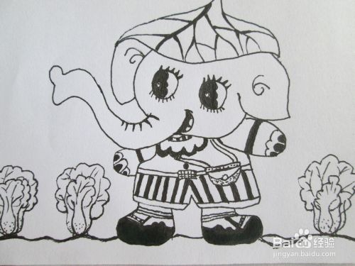 黑白线描画《大象种白菜》的作画步骤