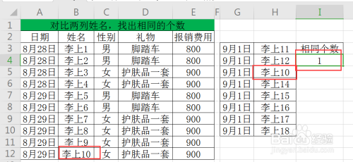 wps工作表如何对比两列数据找出相同的个数?