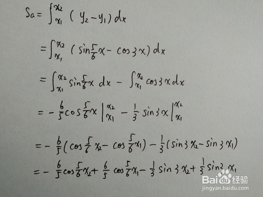 如何计算函数y1=cos3x与y2=sin5x/6围成的面积