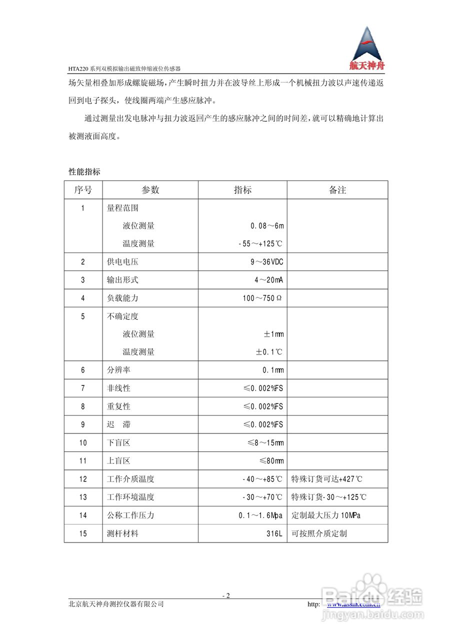 神舟HTA220系列双模拟输出磁致伸缩液位传感器说明书