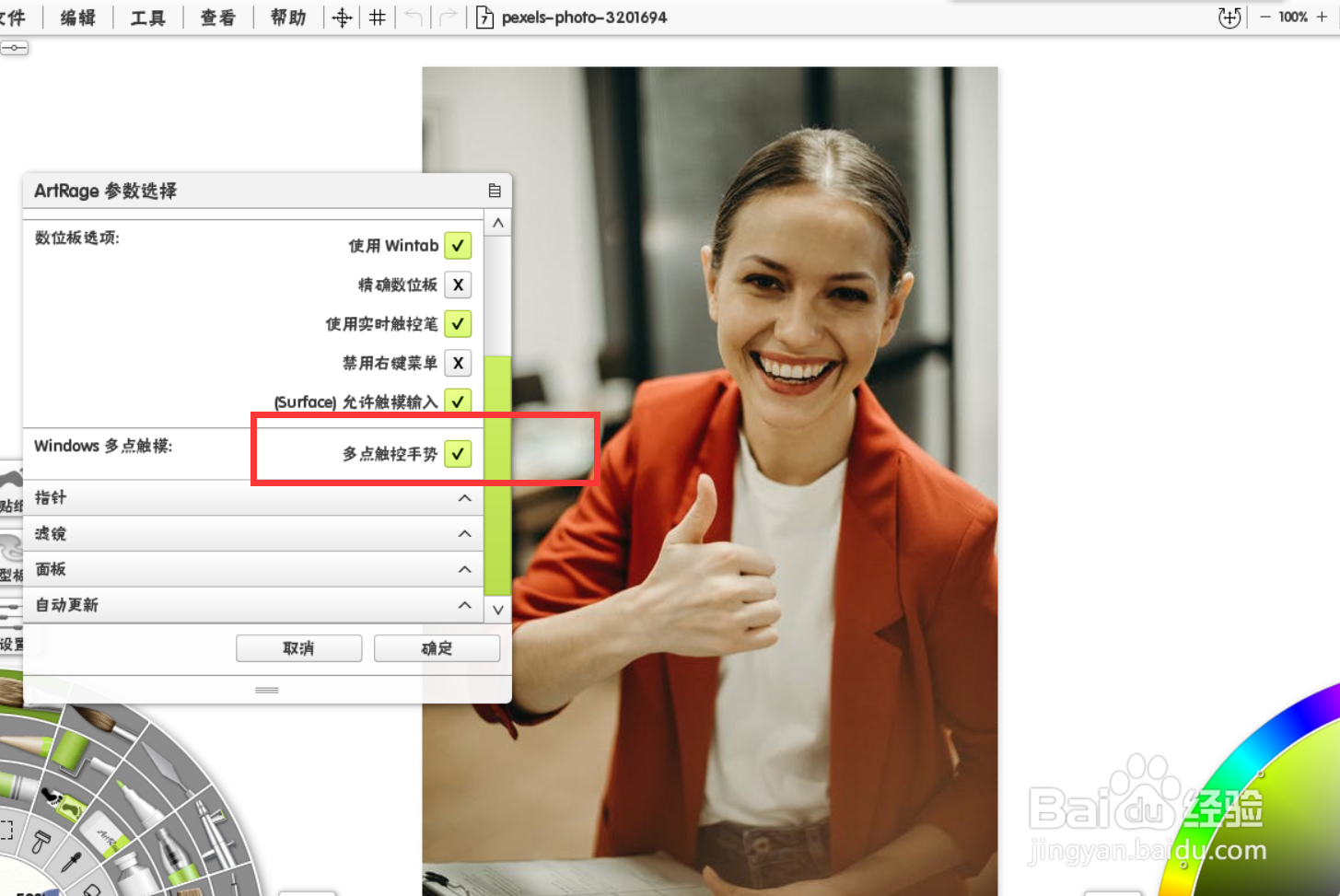 如何才能开启artrage的多点触控手势功能?