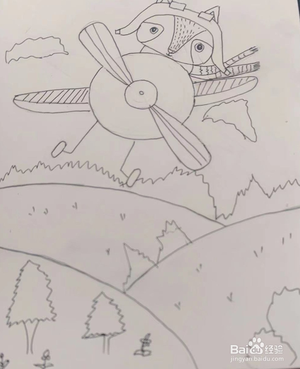 儿童创意画-狐狸开飞机