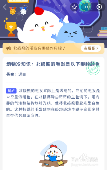 蚂蚁庄园今日答案北极熊的毛发是以下哪种颜色?