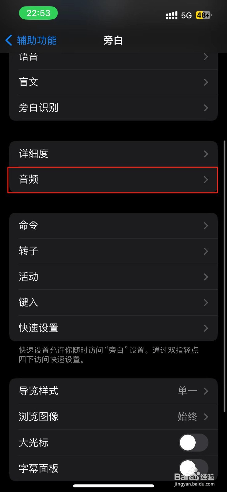 iPhone快速导览已启动的旁白声音在哪里开启？