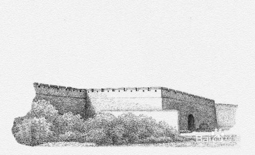 接着在草丛上边画出平遥古城的城墙.