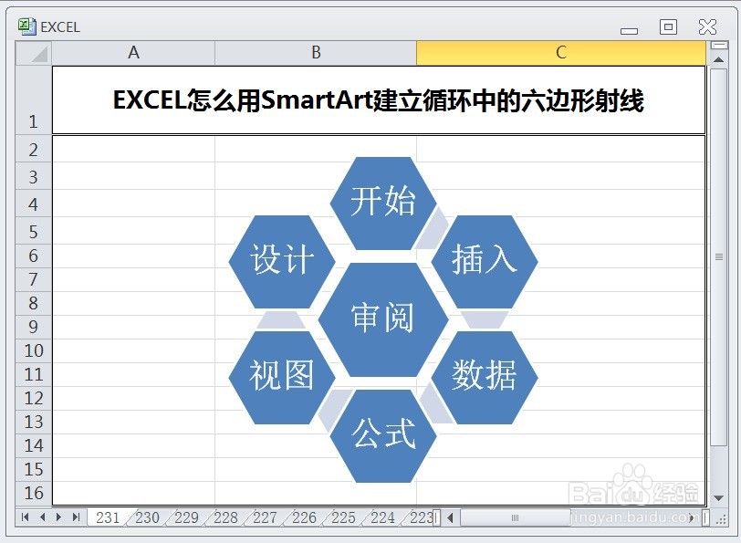 EXCEL怎么用SmartArt建立循环中的六边形射线