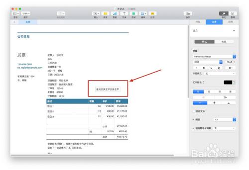 Numbers表格“发票”模板中如何插入文本