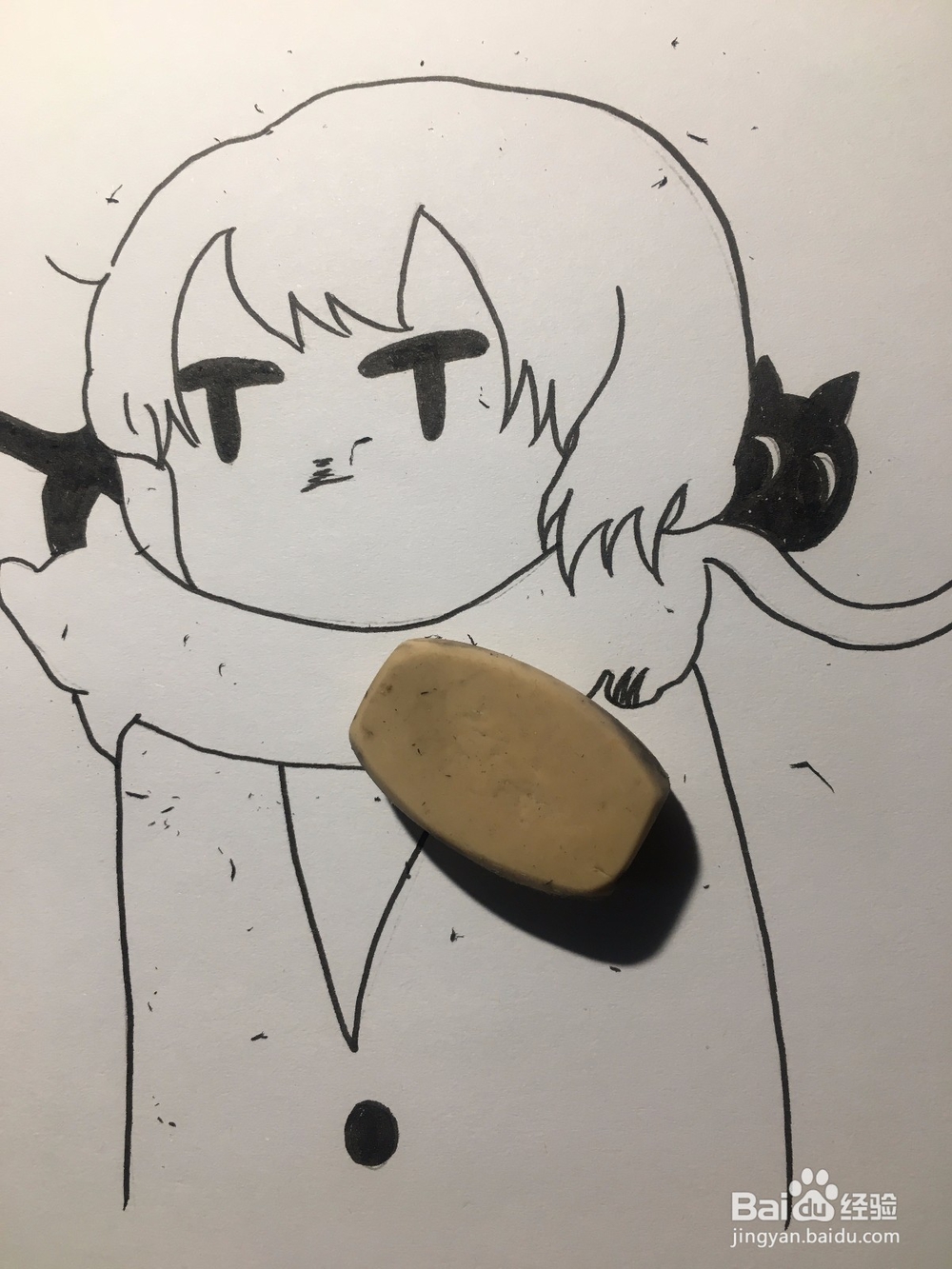 动漫线稿 画两只猫围着女孩的脖子 猫围脖简笔画