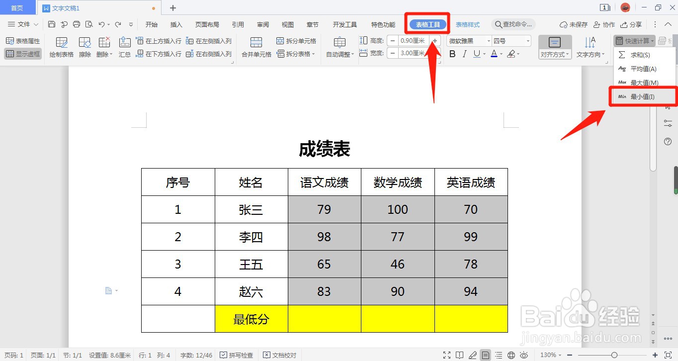 WPS2019文字文档如何在表格中自动求最小值