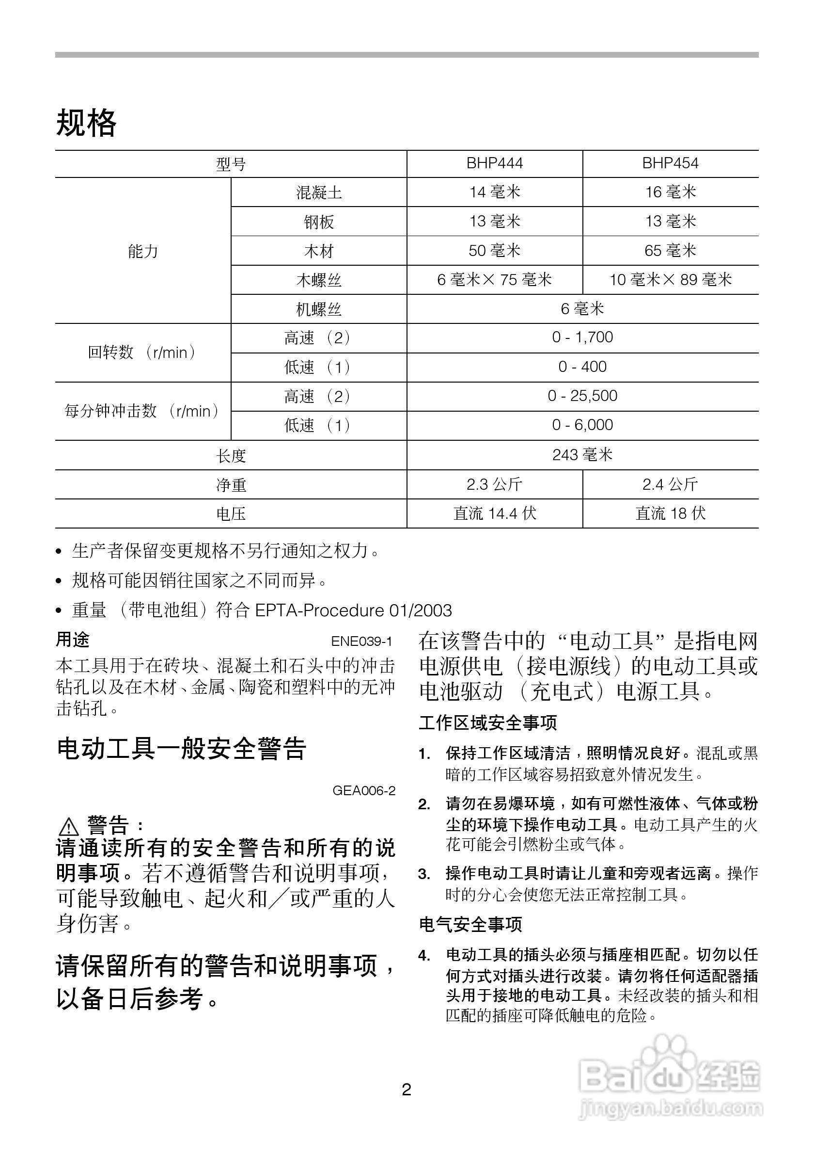 牧田BHP444/BHP454型充电式冲击起子电钻使用说明书:[1]