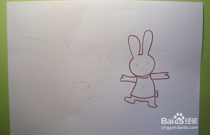 彩色简笔画小兔子看鱼儿游