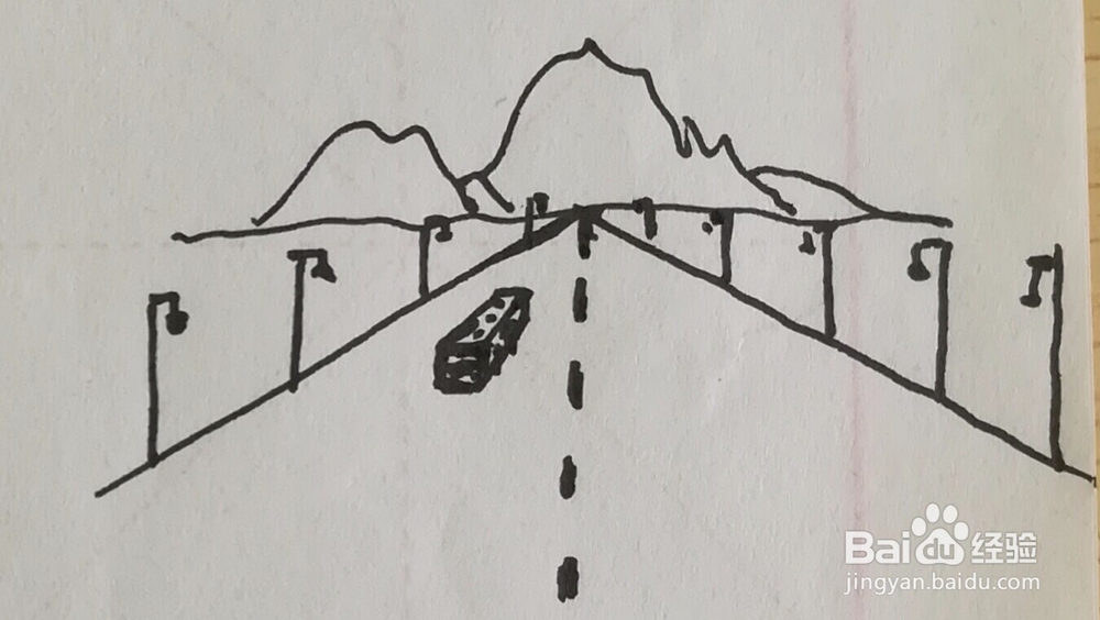 远山由远及近的公路路灯汽车组合简笔画怎么画