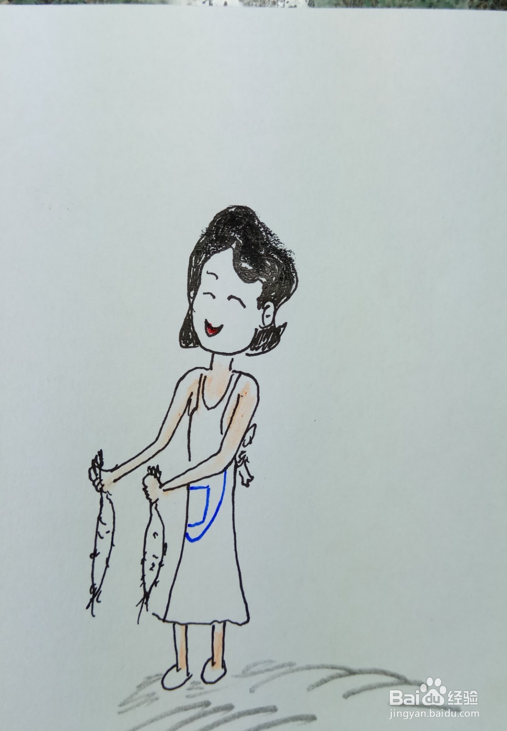 怎样画儿童简笔画“围裙妈妈提了两个萝卜”？