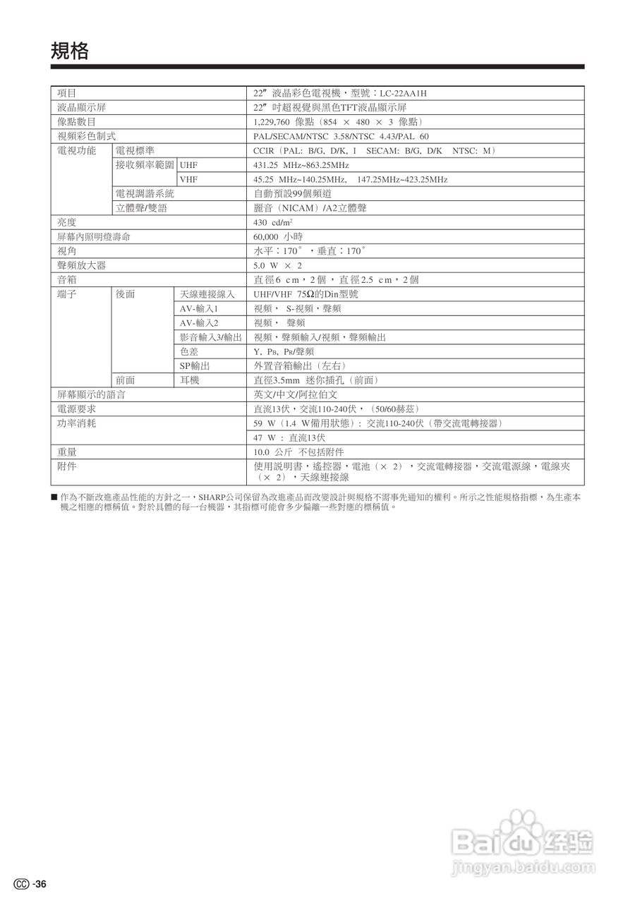 声宝LC-22AA1H型液晶电视机说明书:[4]