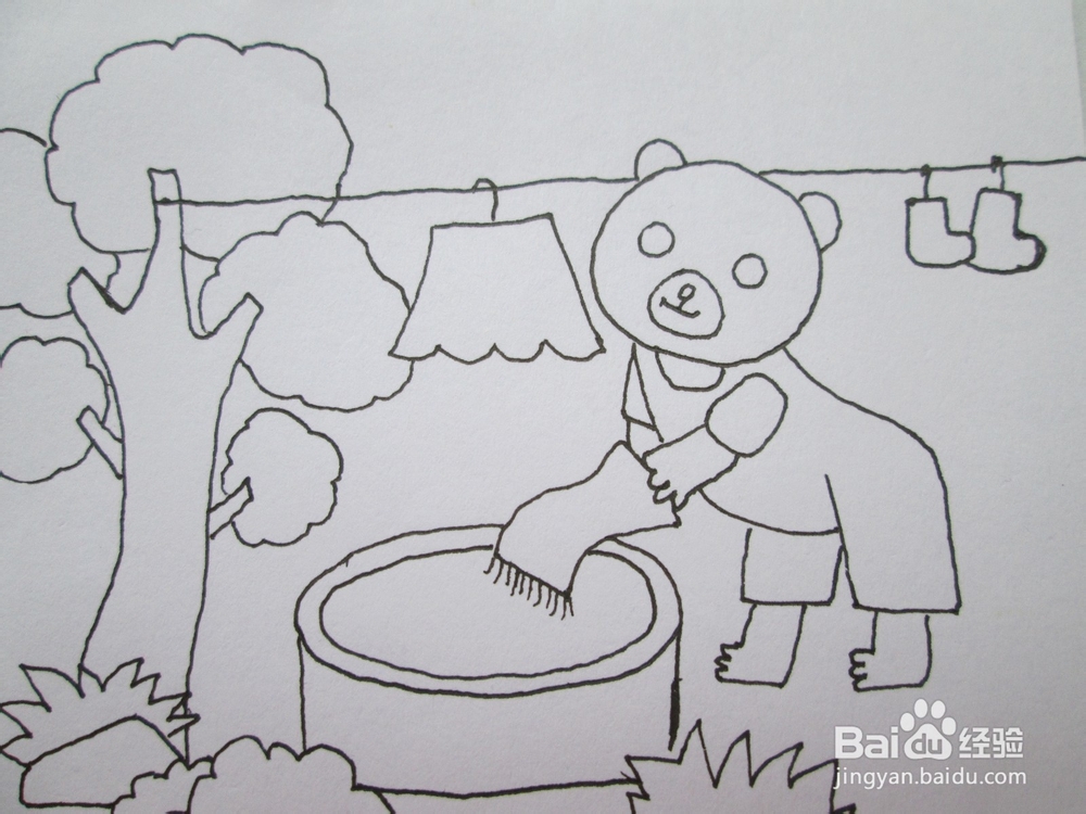 黑白线描画《勤劳的小熊》