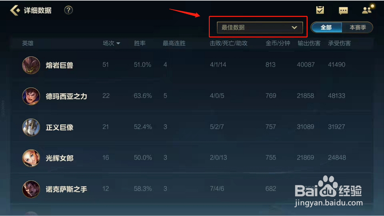 英雄联盟lol手游怎么查看常用英雄赛季胜率KDA