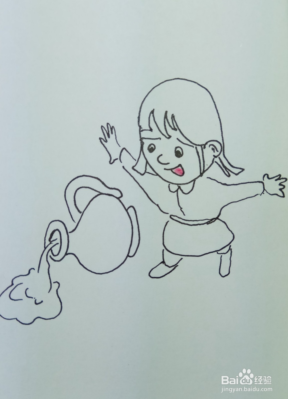 怎样画简笔画“小姑娘喊着罐子倒了”